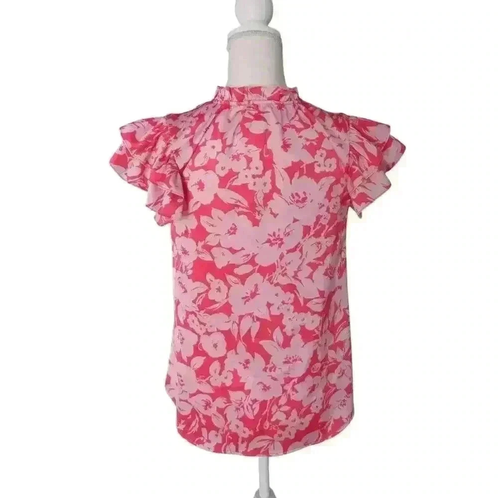 Flower and Feather Pink Floral Top with Flutter Sleeves - Size Small - Picture 3 of 4